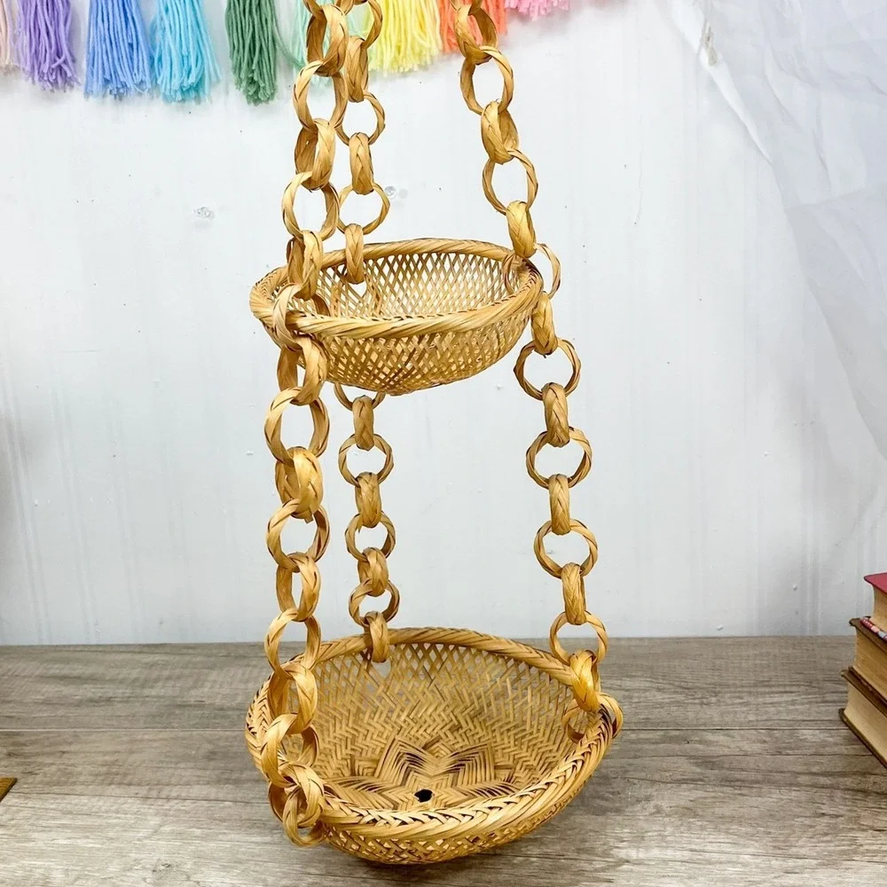 Vintage Boho 2 Tier Woven Wicker Hanging Fruit Basket